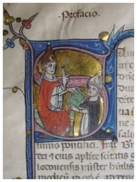 Bernard Gui presenting his manuscript to Pope John XXII. PIMS Bergendal MS 1, fol 1r © Pontifical Institute of Mediaeval Studies