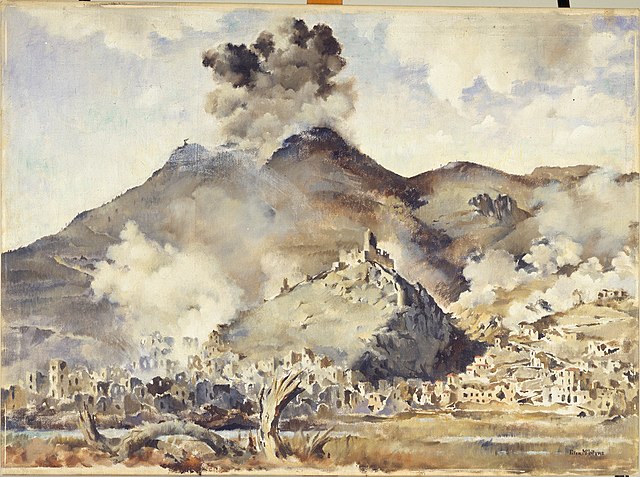 Painting by Peter McIntyre, a New Zealand soldier and official war artist who was an eyewitness to the 1944 bombing of Cassino